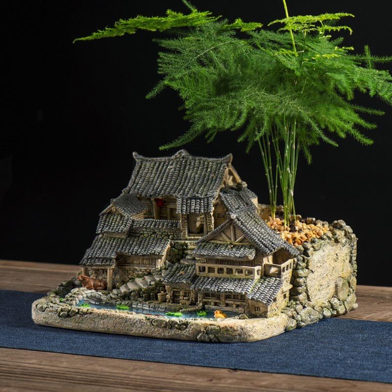 中式微景观小房子花盆创意文竹盆景盆栽个性客厅装饰造景复古摆件