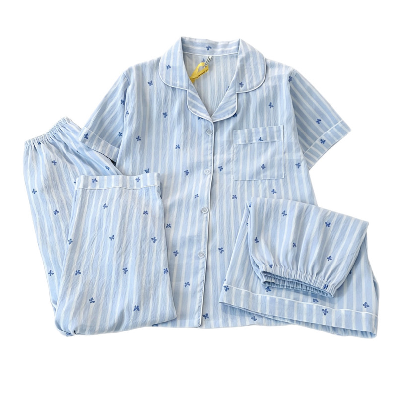 【三件套】新款条纹蝴蝶薄睡衣女云朵夏季短袖宽松家居服大码套装