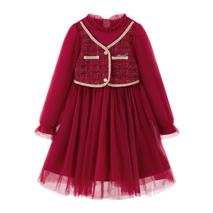 迪士尼女童红色连衣裙2026新款儿童裙子女孩新年公主裙女宝网纱裙