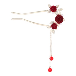 玫瑰红色花朵u型发簪女2025新款盘发发钗新中式流苏头饰喜庆簪子