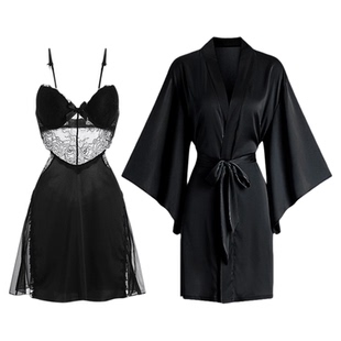 维多利亚睡衣女性感高级感冰丝绸蕾丝露背吊带胸垫睡裙长袖两件套