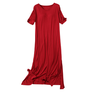 新韩版莫代尔带胸垫短袖连衣裙V领宽松大码至脚踝长裙开叉美居裙