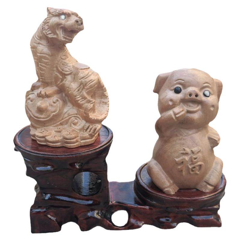 虎猪摆件桃木寅亥六合摆设客厅