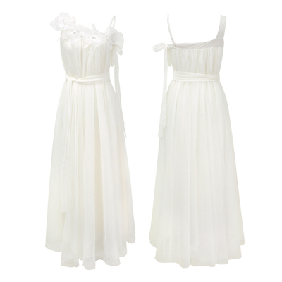 彼得潘大叔《伊甸园蜜语》法式立体花装饰系带珍珠肩带仙气连衣裙