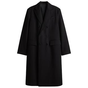 HM男装毛呢大衣冬季翻领中长款双排扣斜纹布外套1262236