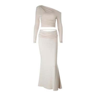 斜肩露腰长袖套装裙女秋季