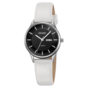 时刻美女士手表圆形简约表盘石英表防水真皮带双日历学生考试腕表