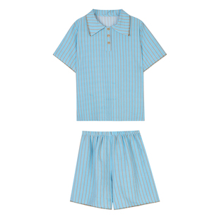 馨帮帮Homedress 撞色条纹翻领睡衣女夏2026可外穿休闲家居服套装