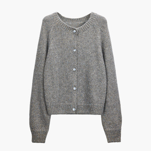 CROWNLESS未冕重磅羊驼山羊绒金葱纽花针织宽松开衫/套头毛衣女