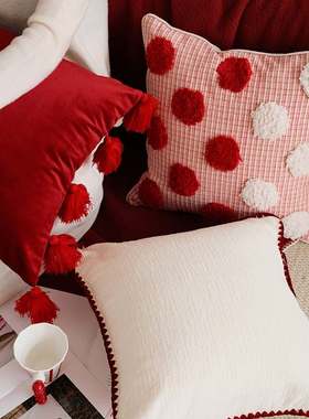 红色波点丝绒刺绣抱枕结婚一对客厅沙发靠枕轻奢高级感喜庆可爱