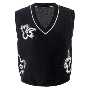 衣纱布菲烟花 2025春秋新款撞色织花针织背心复古风黑色大花型