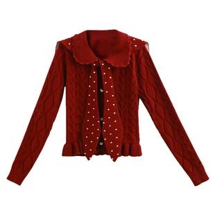 森女部落甜美风波点设计感显白红色针织开衫女2026新款过年毛衣春