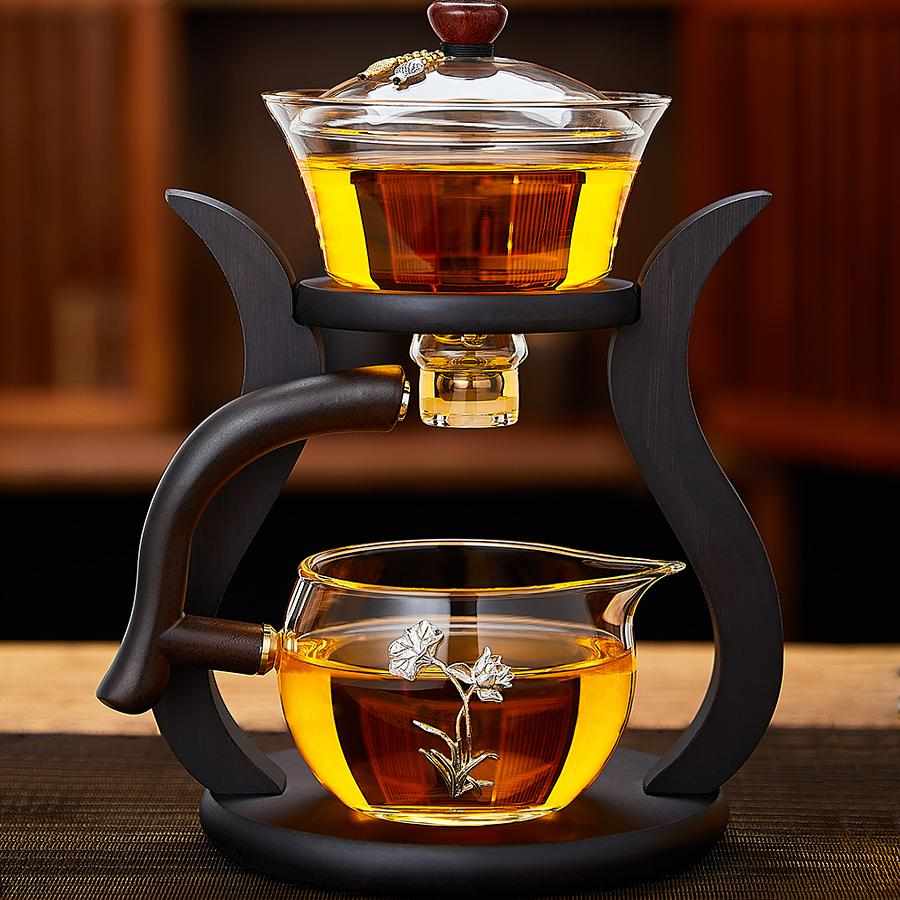 半自动玻璃懒人泡茶神器套装磁吸轻奢家用纯手工镶银功夫茶具送礼