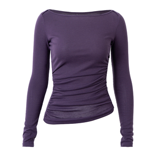 call it a day 灰色/紫色船领褶皱修身长袖T恤显瘦打底衫短上衣女