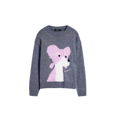 Desigual25秋冬新品狗狗提花刺绣麻灰色女士针织衫