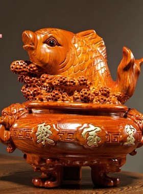 花梨木雕鲤鱼聚宝盆摆件红木年年有鱼实木质雕刻公司开业工艺礼品