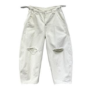 原创vibe潮牌白色阔腿弯刀裤男重磅纯棉破洞牛仔裤宽松大码拖地裤