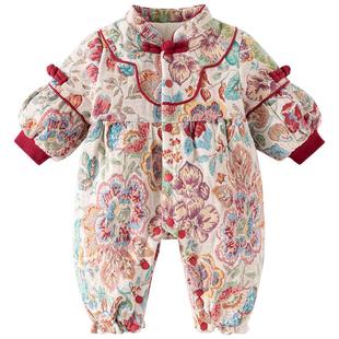 班喜迪婴儿衣服冬装加绒夹棉连体衣中国风百天周岁礼服冬季拜年服