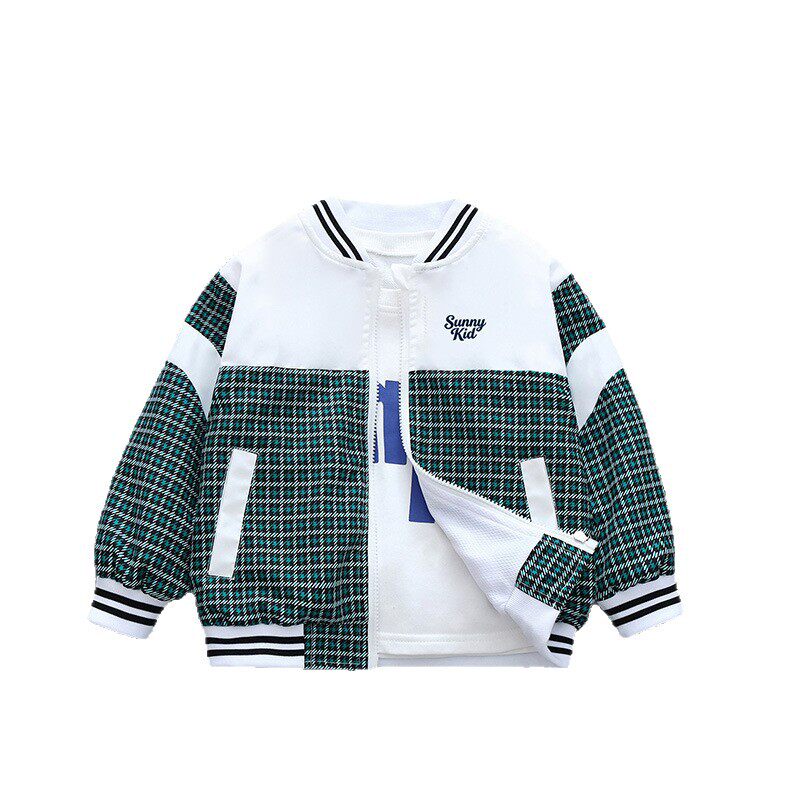 中大童复古立领棒球服秋季黑白格