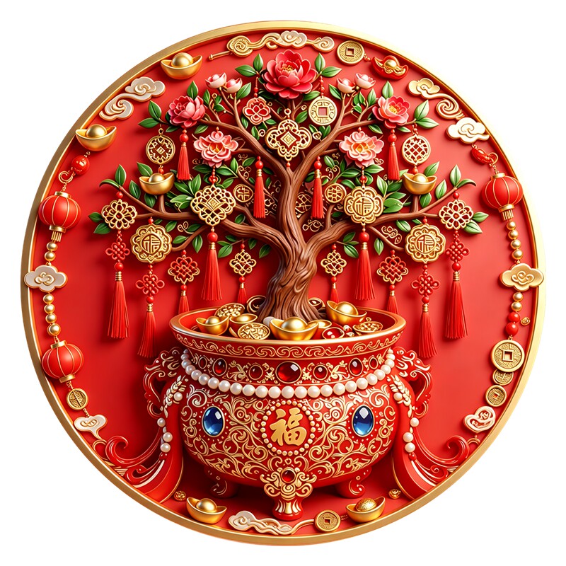 金聚宝盆摇钱树墙贴圆形贴纸福字元宝牡丹灯笼新年防水自粘贴纸画