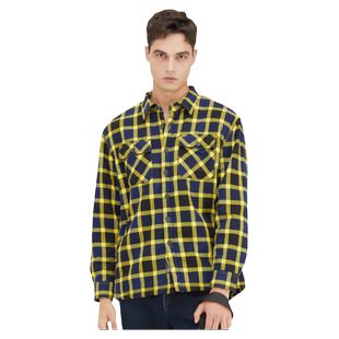 波顿男士早春季长袖黄蓝色格子衬衫纯棉加厚羊羔绒底保暖衬衣外套