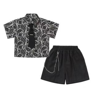 男童套装25新款儿童夏季复古花短袖衬衫两件套中大童男孩休闲上衣