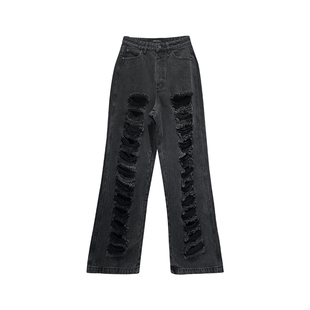 ANNAKIKI牛仔裤 设计师款女装小众 黑色破洞做旧牛仔裤秋冬阔腿裤