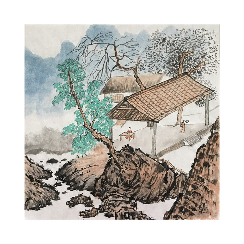 无款手绘山水国画一帆风顺字画