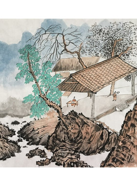 无款手绘山水国画一帆风顺字画