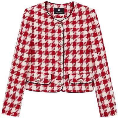 曼德诗红白撞色短外套