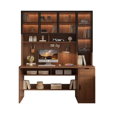 中古风实木书桌书架一体靠墙书柜小户型卧室床头边新款办公电脑桌