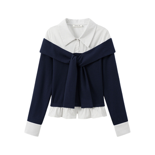 奶油的宇宙 条纹衬衫拼接假两件polo针织长袖女韩系修身内搭上衣