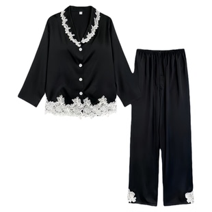 真丝睡衣轻奢高级感名媛甜美风蕾丝边V领翻领防静电可外穿家居服