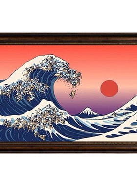 恶搞神奈川冲浪里挂画日料餐厅墙面装饰画和风浮世绘寿司店壁画