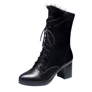 2025新款秋冬季女鞋加绒高跟真皮鞋中筒马丁靴全牛皮靴子粗跟女靴