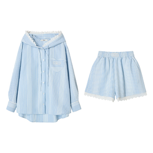 【冰川甜心】Uena美式复古蓝色条纹蕾丝花边连帽衬衫休闲短裤套装