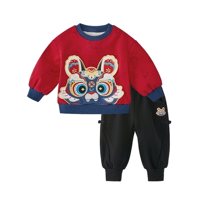 男童卫衣套装中小童加绒红色国潮中式衣服儿童冬装宝宝两件套秋冬