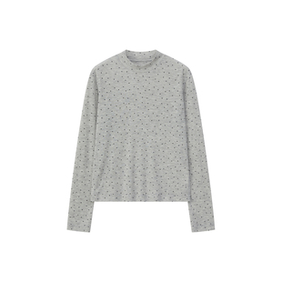 UNRETRO半高领天丝微透波点打底衫女春秋长袖灰色叠穿贴肤内搭T恤