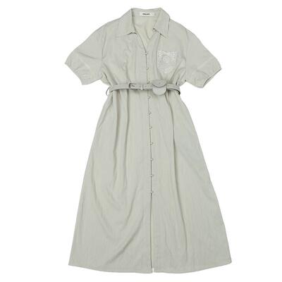 oo&vv法式蕾丝口袋休闲风衬衫领泡泡袖系带收腰长款连衣裙女夏新