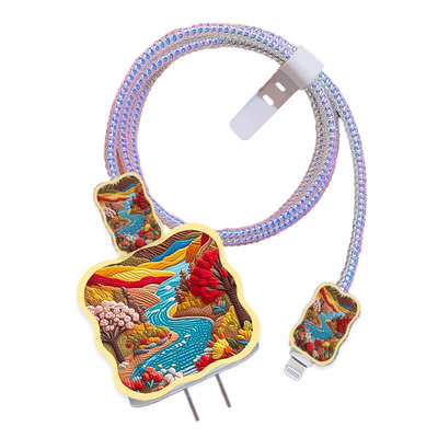 充电线保护套适用20WiPhone16充电器保护套15/14pro数据线绕线器防折断ipad快充外壳收纳包防猫咬创意油画