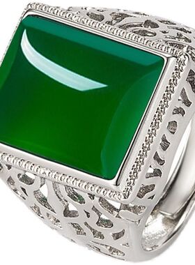 男绿色玛瑙轻奢宝石复古玉髓霸气925纯银食指戒指小众设计高级感