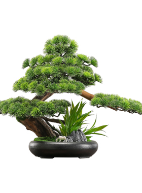 中式红色松树假山盆景装饰摆件