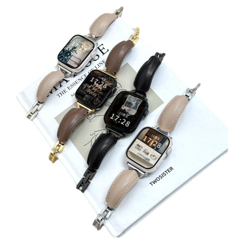 适用苹果手表中古手镯款皮表带iWatch不锈钢表带AppleWatchS10/9金属8/7/6高级感百搭气质秋冬小蛮腰细款SE女