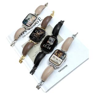 适用苹果手表S11中古手镯款皮表带iWatch9/8不锈钢表带AppleWatchS10金属7高级感百搭气质秋冬小蛮腰细款SE女