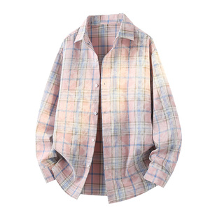 回力粉色扎染格子撞色翻领长袖衬衫男春季设计感宽松休闲衬衣外套