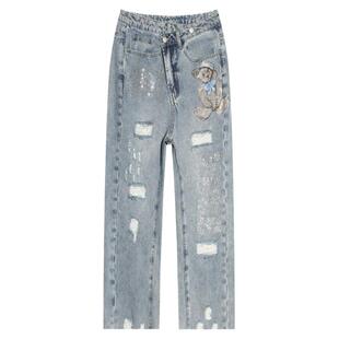 TCH潮牌轻奢钻石小熊烫钻蓝色牛仔裤2025冬季新款T214203005