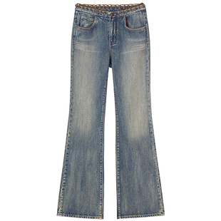 【杨幂同款】Miss Sixty2026春季牛仔裤女拼皮腰磨破微喇叭裤