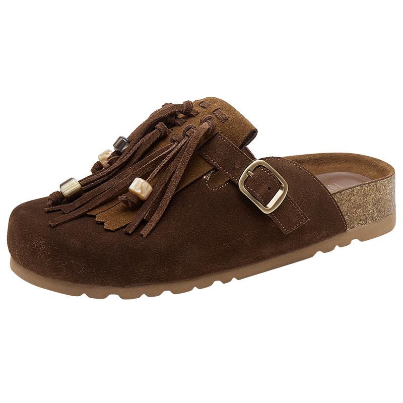 董洁同款真美诗枫糖华夫2025新款游牧风流苏厚底勃肯半拖鞋女