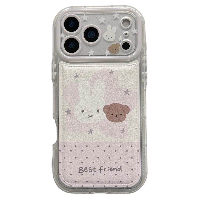 jze 皮质可爱星星波点米菲小熊镜子支架适用苹果17ProMax手机壳iphone15新款16pro女13创意15pro防摔保护套14