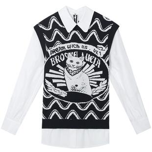 伊纳芙拼接假两件衬衫女春秋新款长袖别致上衣设计感小众衬衣外穿